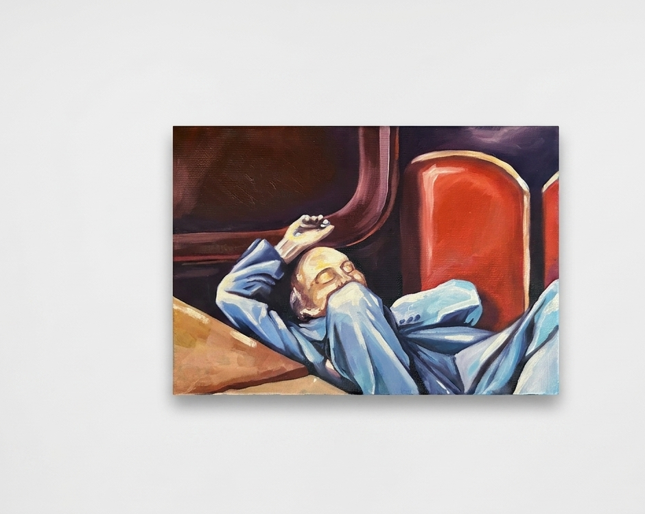 Politicododo, homme politique endormi sur un banc rouge, peinture à l’huile